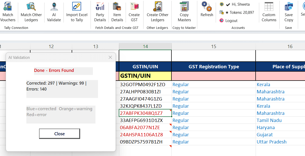 TallyConnects AI validation checking GST numbers and amounts before Tally import