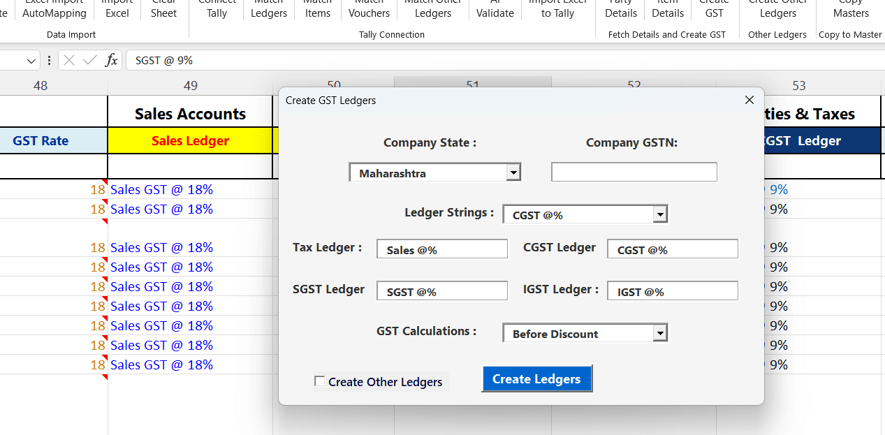 TallyConnects auto-creating GST ledger in Tally with GSTIN and state details