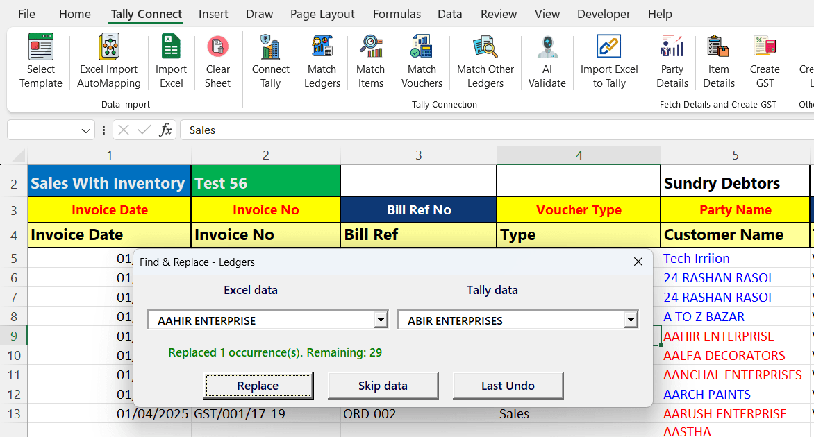 TallyConnects smart ledger matching finding closest Tally ledger from Excel party name