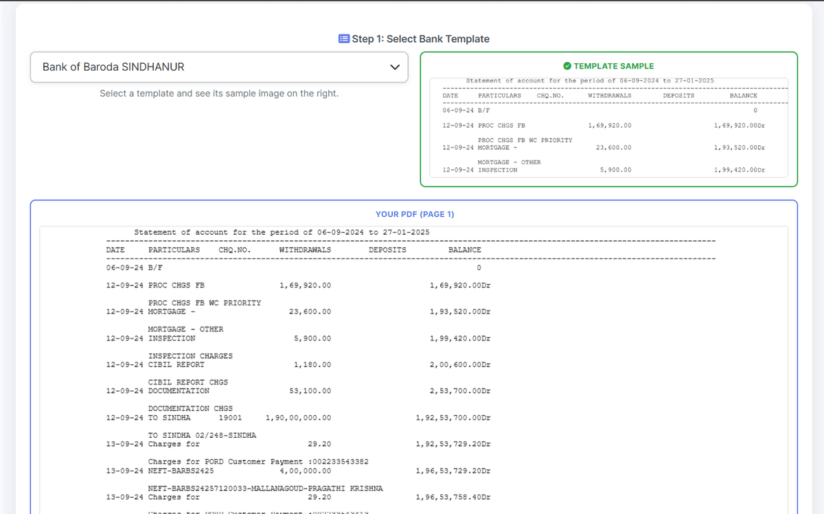 Step 1: Upload PDF bank statement and select bank template with auto-detection in TallyConnects