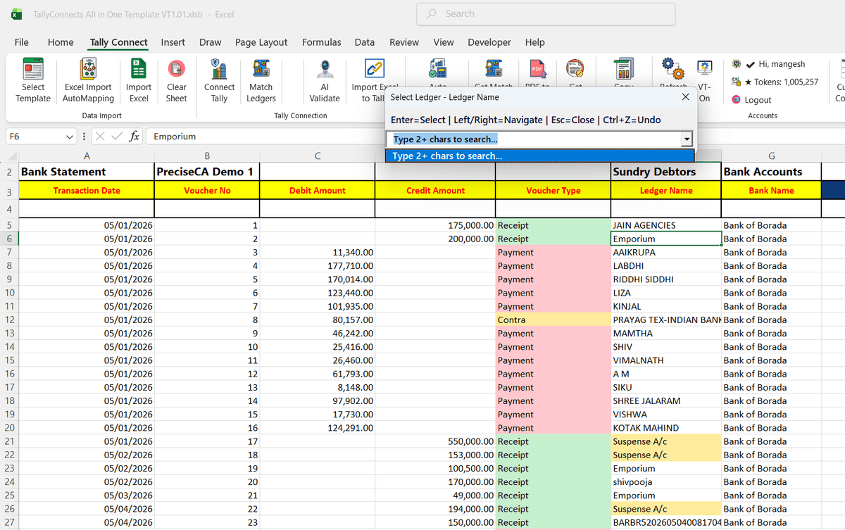 Step 2: Smart ledger matching and voucher type detection in TallyConnects bank statement import