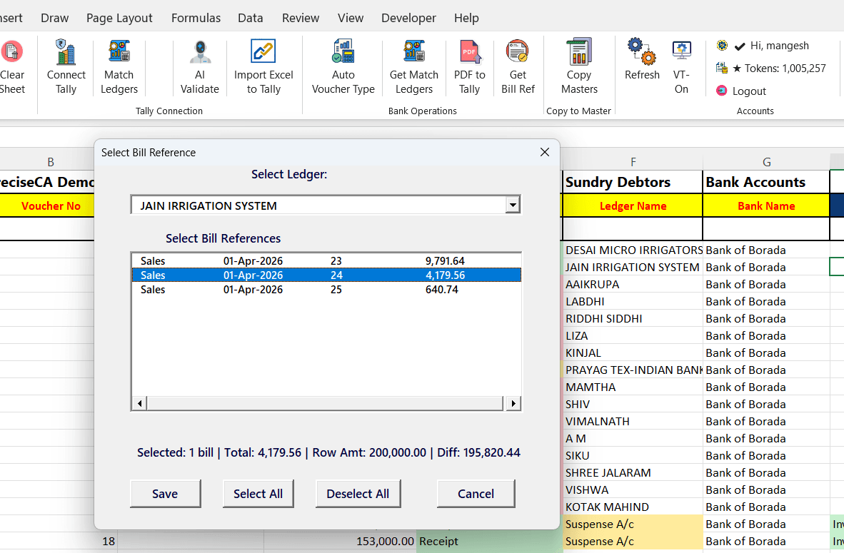 TallyConnects bill reference matching showing outstanding invoices from Tally before creating bank voucher
